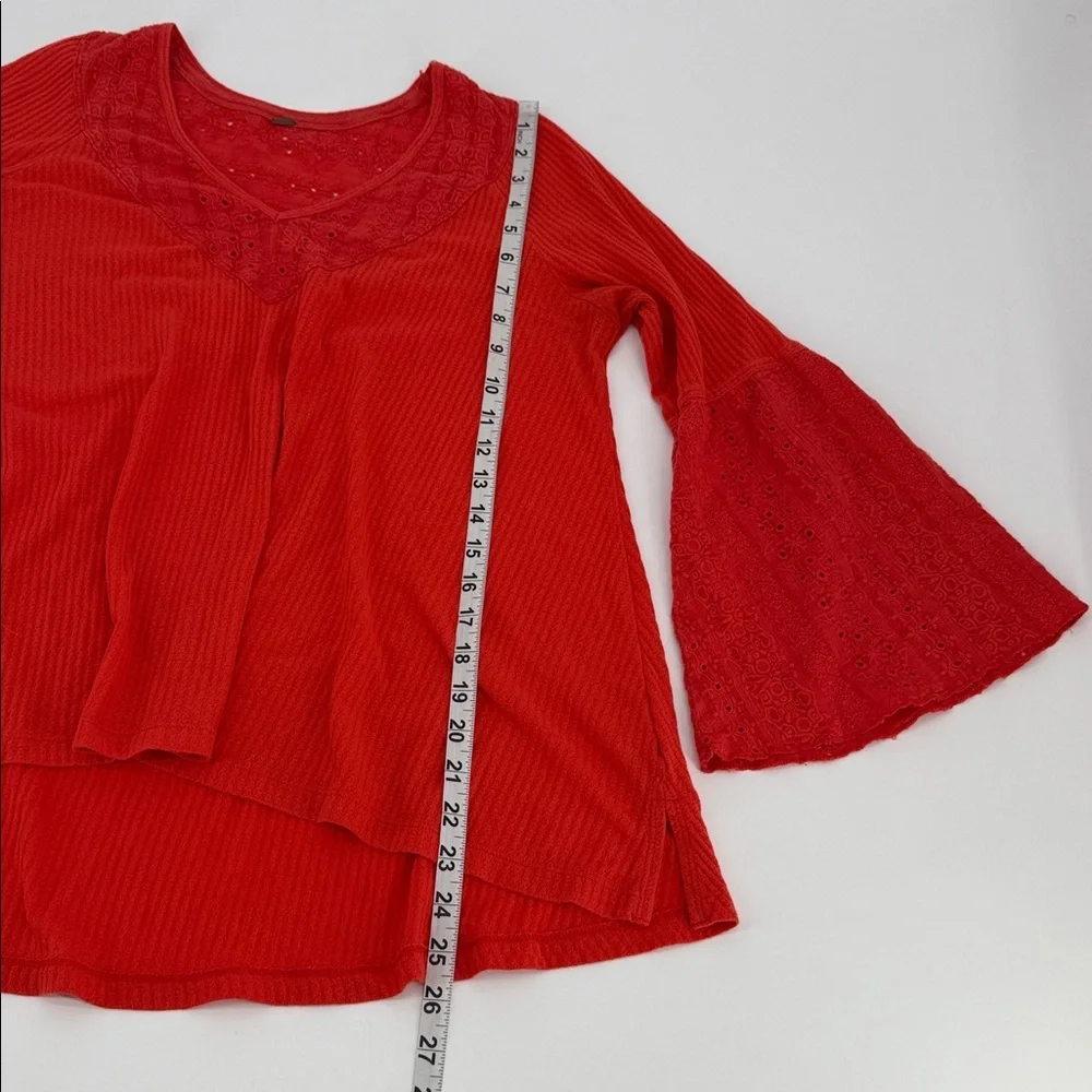 Free People Parisian Nights Bell Sleeve Peasant Blouse Eyelet Orange Size S/M